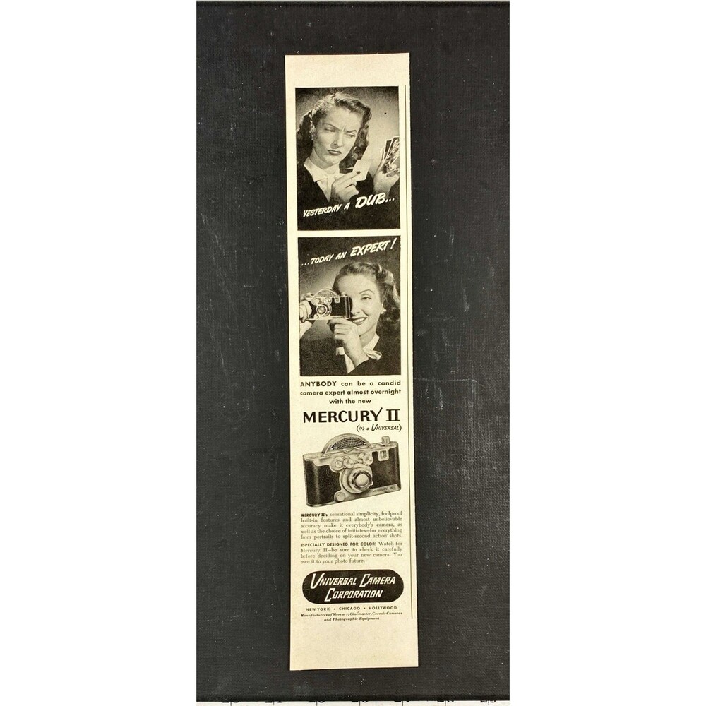 Universal Mercury II Camera "Anybody can be a candid camera expert"Print Ad 1946